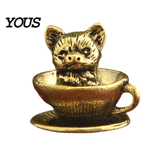 Unique Gifts for Cat Lovers Miniature Teacup Statue, Cute Brass Dog Figurine, Artistic Home Office Desk Decor Collectable Animal DIY Craft,