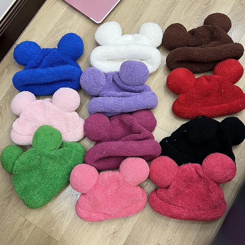 

Big Stretch Plush Knitted Thickened Cute Mickey Double Ball Pullover Hat Ladies Winter Warm Student Hat Elastic force 55-60CM світло-рожевий колір