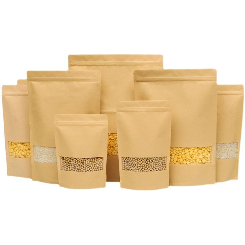 10pcs Brown Eco-friendly Resealable Stand-up Pouch With Kraft Paper Window, Coffee Bean Food Packaging!