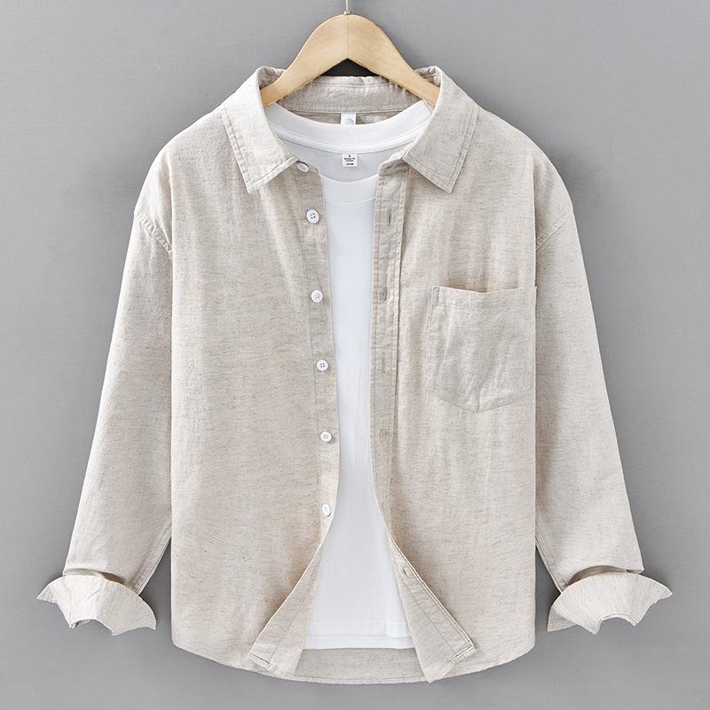 Spring and Summer Cotton and Linen Long-sleeved Shirt for Men Casual Loose Linen Men's Shirt Literary Hemp Material
