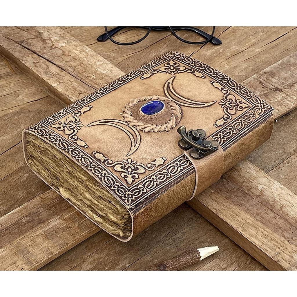 Vintage Läder Keltisk Trefaldig Måne Grimoire Svart Skuggornas Bok Besvärjningsbok Journal för Män Kvinnor, Wicca Wiccan Pagan Hekseri Skrivbok