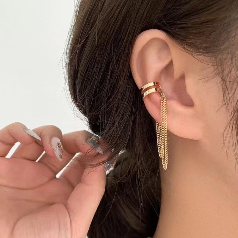 Temperament Tassel Long Clip Earrings for Women Ladies Exquisite Zircon C-Shaped Chain Style Non Hole Earrings Jewelry Wholesale