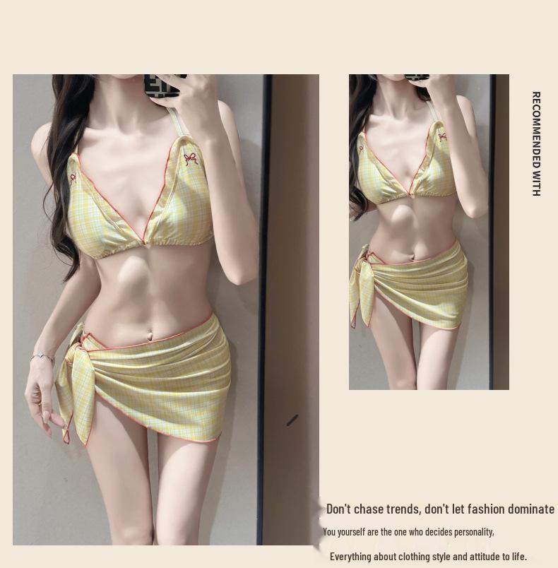 Vintage Bow Strappy Three-Piece Bikini Push-Up Swimsuit - Hot Girl Slim Fit for Small Bust