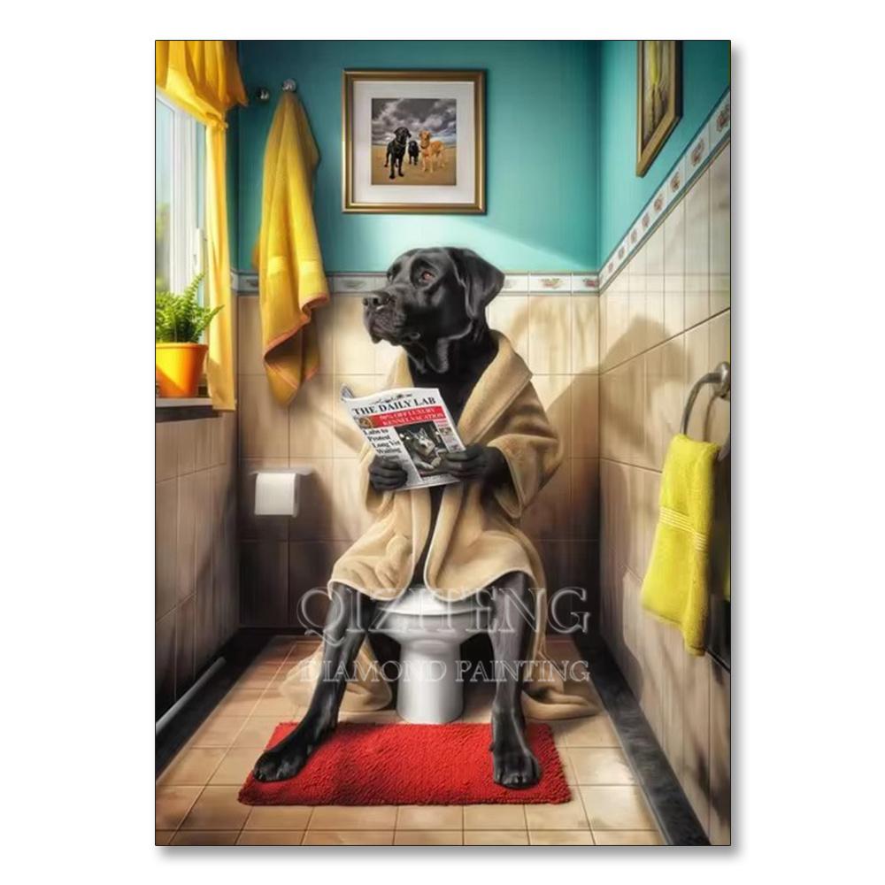 Dog Diamond Painting Cat Toilet Cartoon Diamond Mosaic Animal Full Round_Square Drill Embroidery Funny Bathroom Wall Decor Art