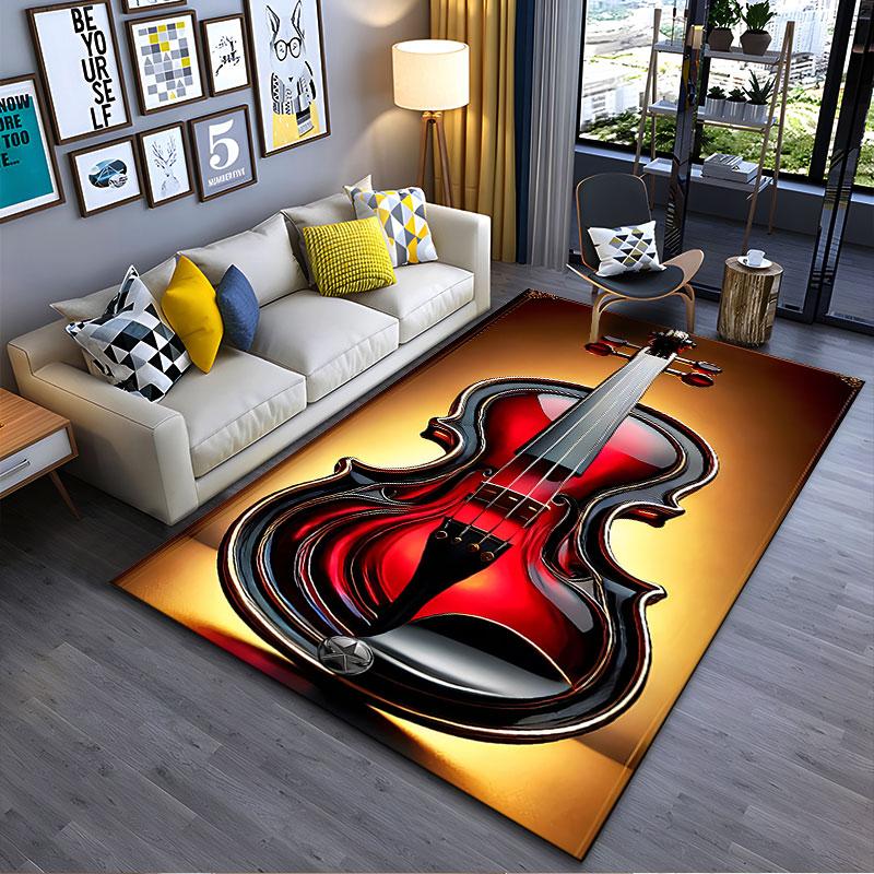 Elegant Red Violin Design Carpet suitable as a non-slip mat for the living room or bedroom sofa