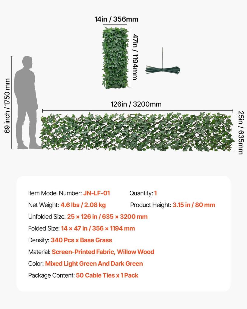 Expandable Fence Privacy Screen, 63.5 x 320 cm Expand Artificial Plant Wall, Realistic Artificial Ivy Panel with 50 Zip Ties, Decorative Faux Greenery