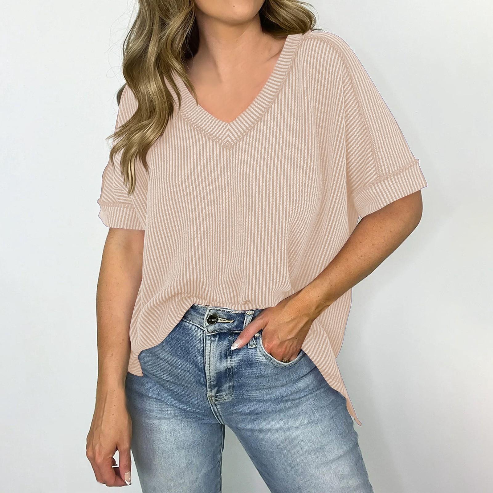 

Женская мода однотонный V-образный вырез с короткими рукавами пуловер повседневная футболка топ XXL хаки