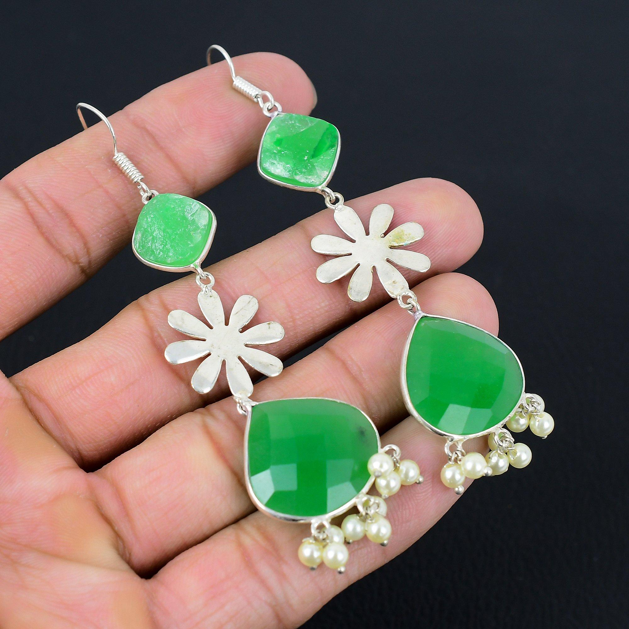 

Mothers day Deal Sterling Silver Pear Green Chalcedony Stone Dangle New Earrings