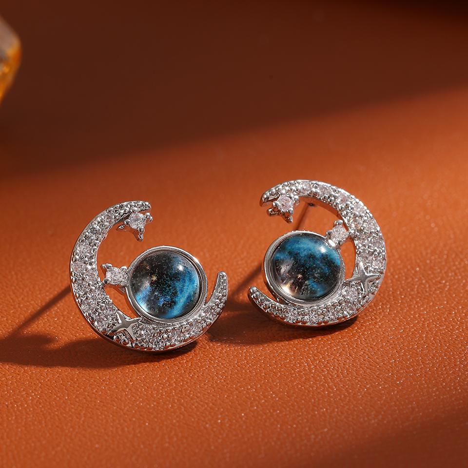 ZAKOL New Blue Planet Moon Astronaut Cubic Zirconia Stud Earrings for Women Fashion Party Zircon Ear Accessories Gift