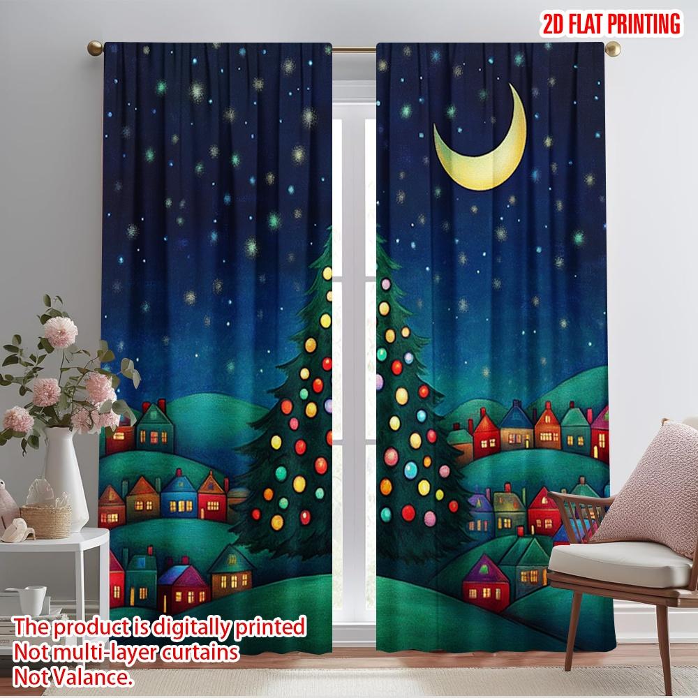 2pcs,2D Plane Printing Popular Curtain Panels Christmas Tree Village Night Polyester (without Rod) Versatile All Perfect for