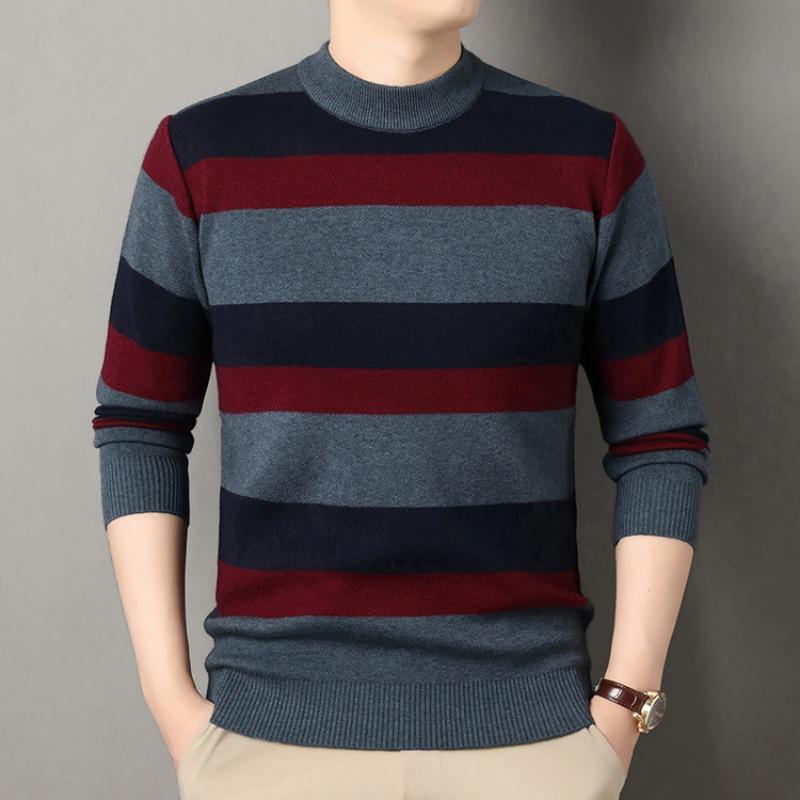 Herren S Dickes Rundhals-Gestreifter Warmer Strickpullover für Winter Herbst