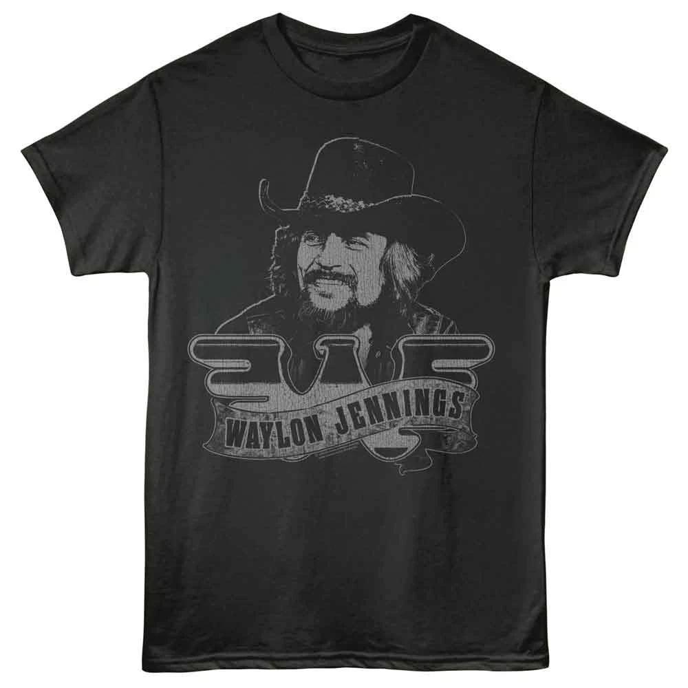 Waylon Jennings - Portrait And Logo - Officially Licensed - Gray Solid Front Pri 100
