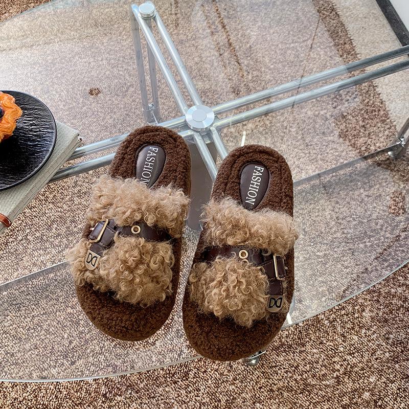 Korean Version 2025 Autumn and Winter New Mao Mao Shoes Curly Hair Outer Wear One-word Slippers Platform Shoes Velvet Cotton Slippers Women