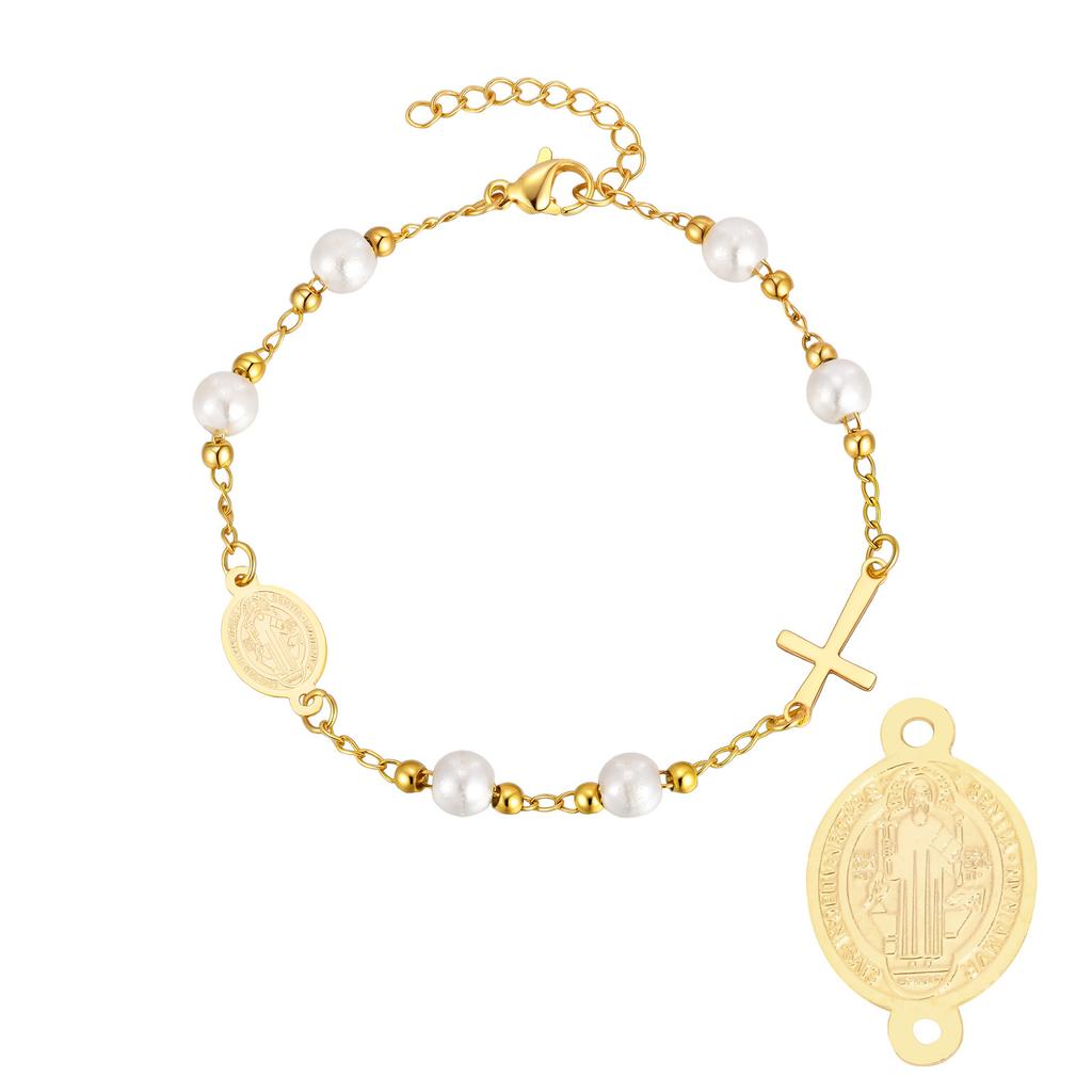 Xiaomi Vnox Metal Virgin Mary Saint Benedict Cross Bracelet, Stainless Steel Bead Pearl Chain Bracelets For Women Religious Jewelry