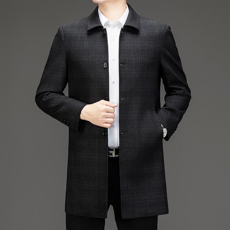 Autumn and winter men's wool windbreaker mid-length business casual lapel coat middle-aged and elderly dad plaid coat