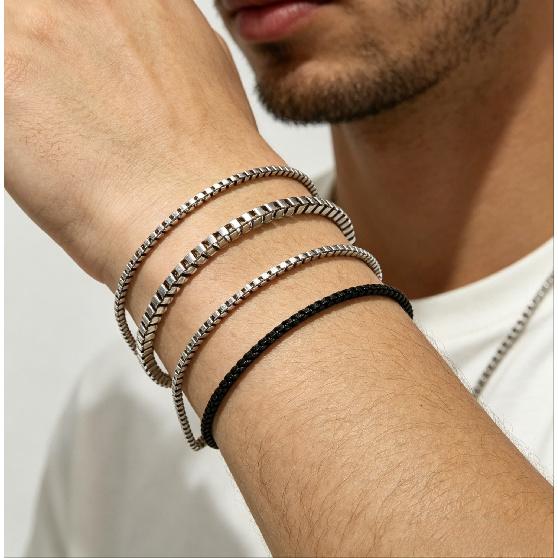 4Pcs Stainless Steel Multi Layer Chain Bracelet Set For Men Trendy Simple Adjustable Hip Hop Daily Wear Jewelry Gifts