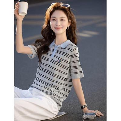 Women's Retro Striped Polo Knit Top