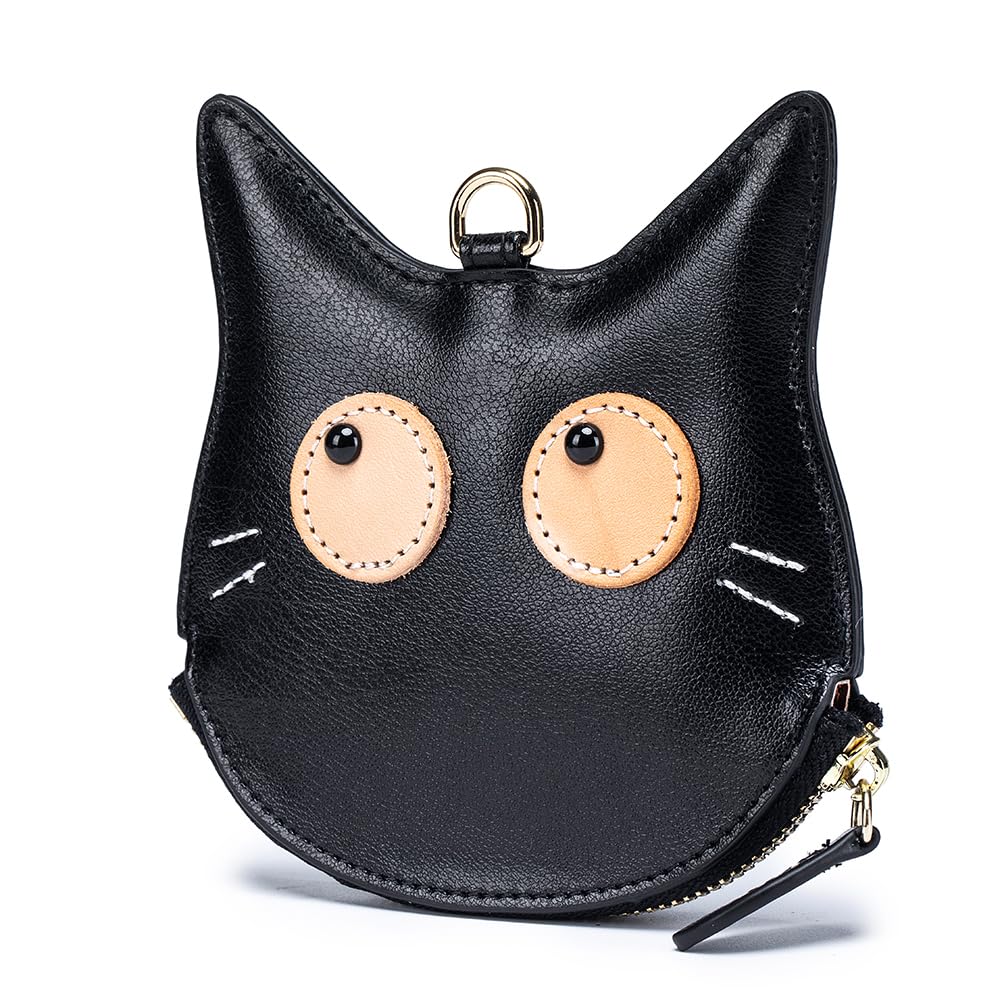 Yocipa Genuine Leather Cat Coin Purse, Women's Mini Wallet, Neck Pouch, Leather Coin Case, Multifunctional, Compact Neck Wallet with Strap, Cute