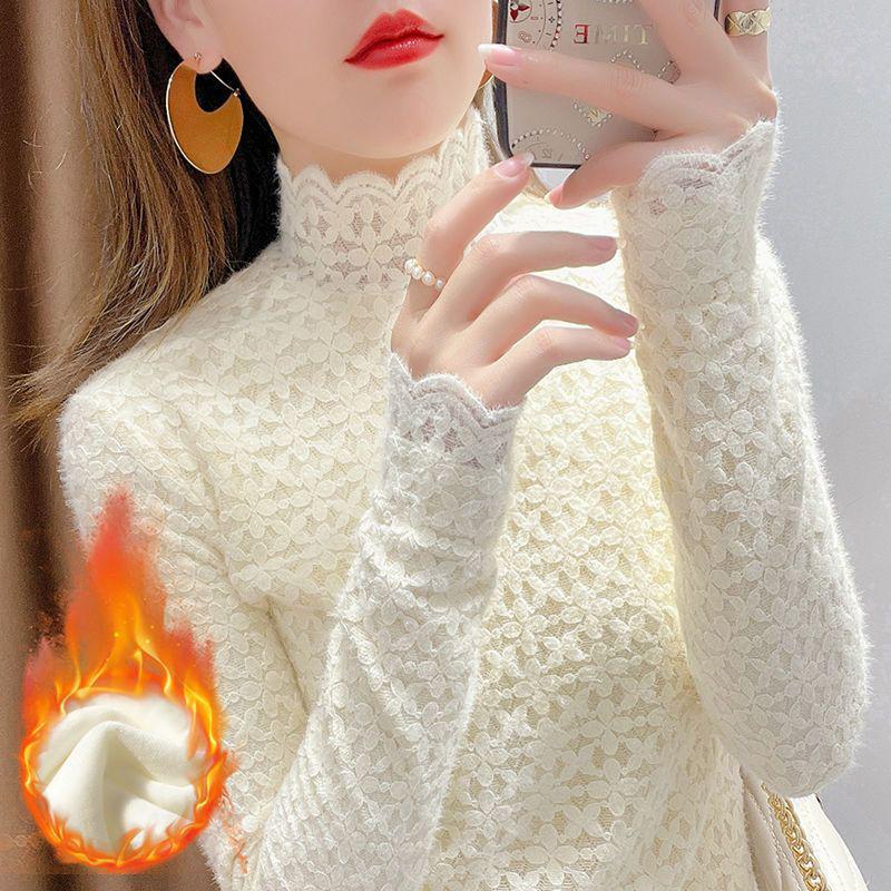 

Женский флисовый топ с кружевным высоким воротником, приталенного кроя, для зимы - Теплый и универсальный L