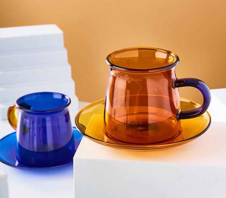 Retro 220ml  Classic Simple Glass Tea Cup  Saucer Set Coffee Cup Set  Colorful Heat Resistant Drink Ware