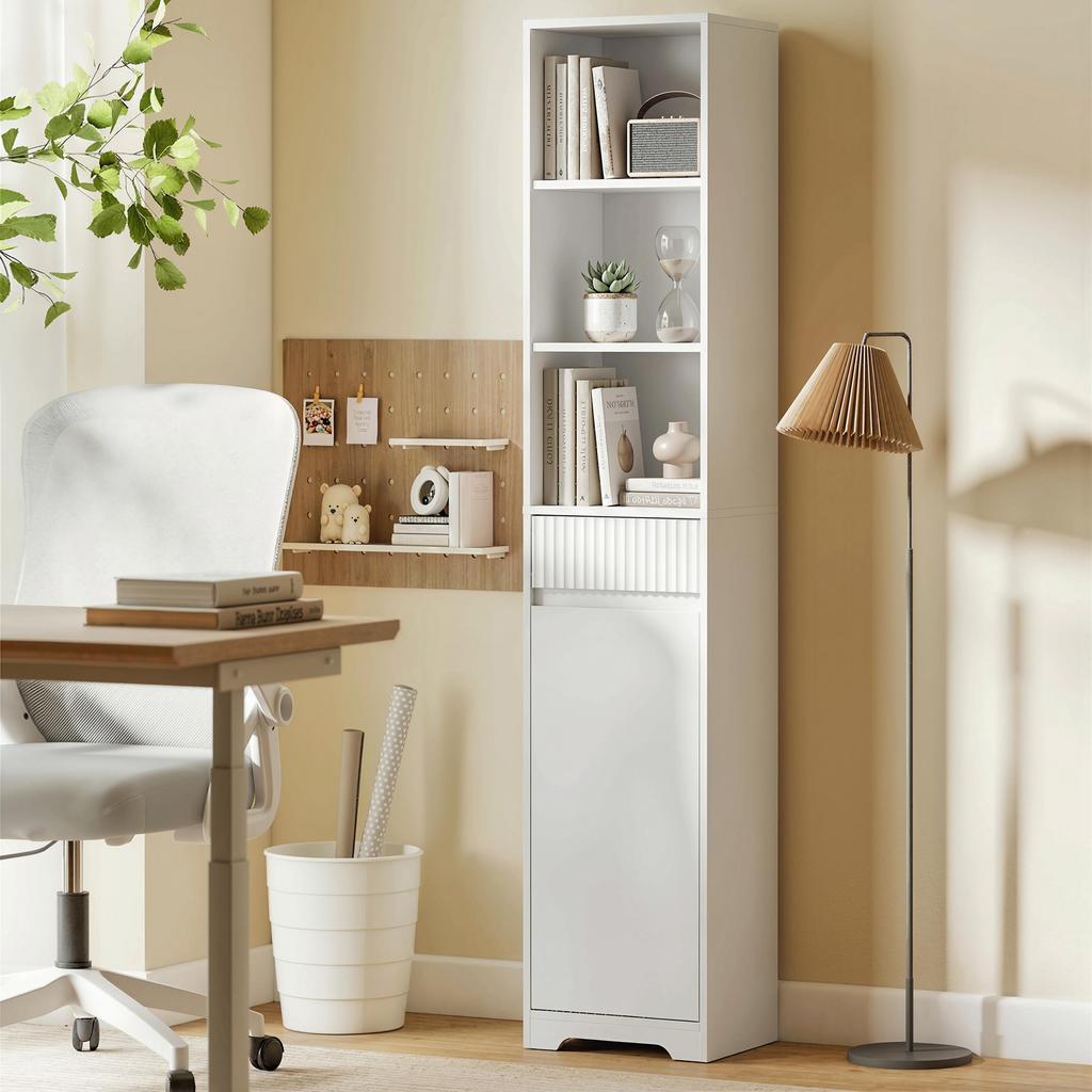 Tall Bathroom Cabinet, Door, Drawer, Open Compartments, Adjustable Shelf, White