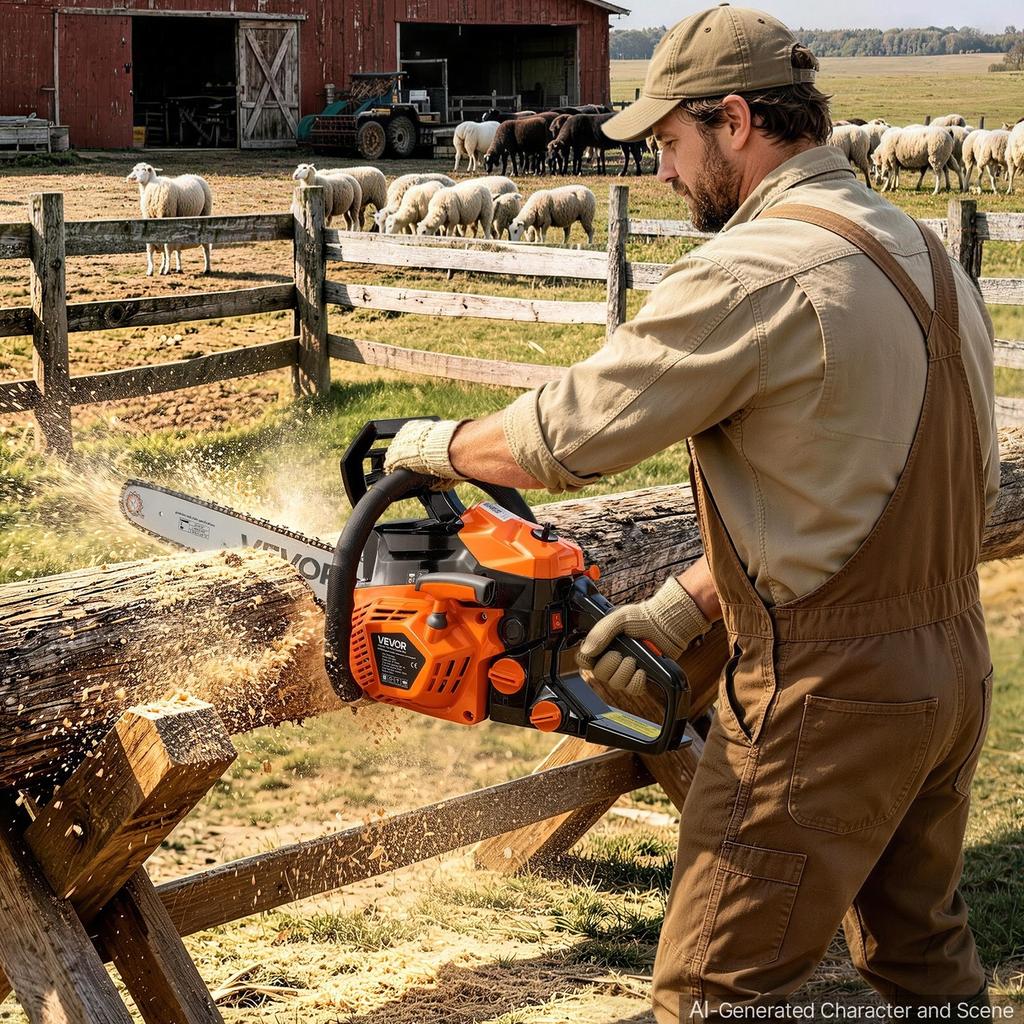 Gas Powered Chainsaw 355.6 mm 40CC 1.15kW 2 Stroke Engine Chainsaw, for Wood Cutting, Tree Trimming & Land Clearing, Throttle-Synced Choke, Power