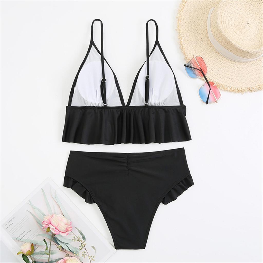 Women Two Piece Swimsuit Ruffle Hem Bikini Set Adjustable Straps High Waist Bottoms Soft Fabric Swimwear
