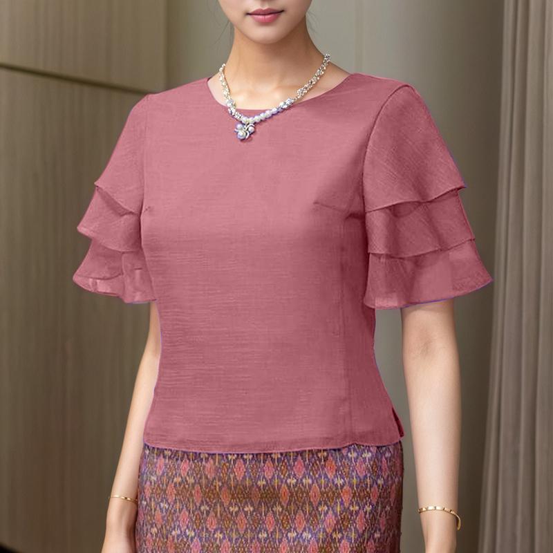 

ZANZEA Женская летняя блузка с круглым вырезом, оборками и короткими рукавами, повседневная 4XL розовый