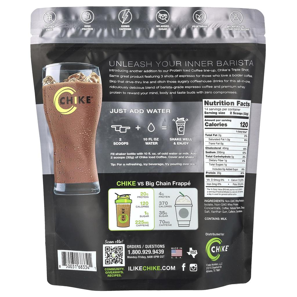 Chike Nutrition Protein-Eiskaffee, Dreifacher Schuss, Espresso & Sahne, 15,8 oz (448 g)