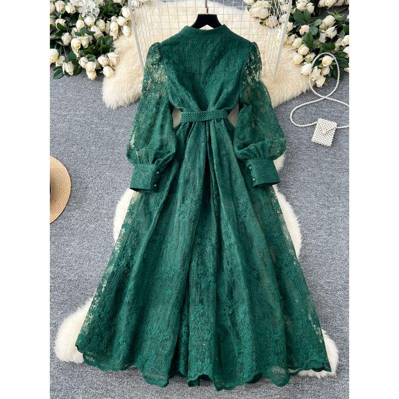 French Style Classy Women's Clothing Dress 2025 Spring Tight Waist Machine Embroidery V-neck Lantern Sleeve Single-Breasted Long Skirt