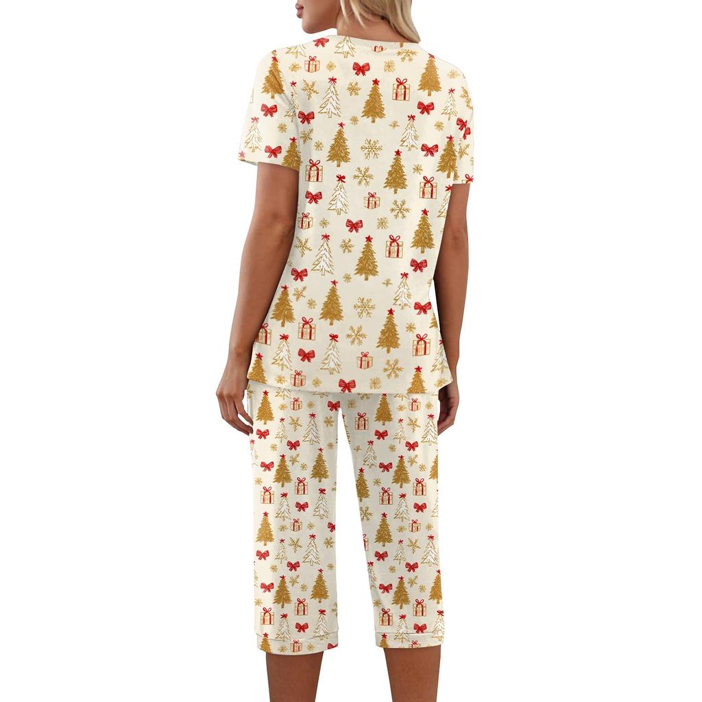 Women's Casual Two Piece Outfit Set Christmas Print Short Sleeve Pants
