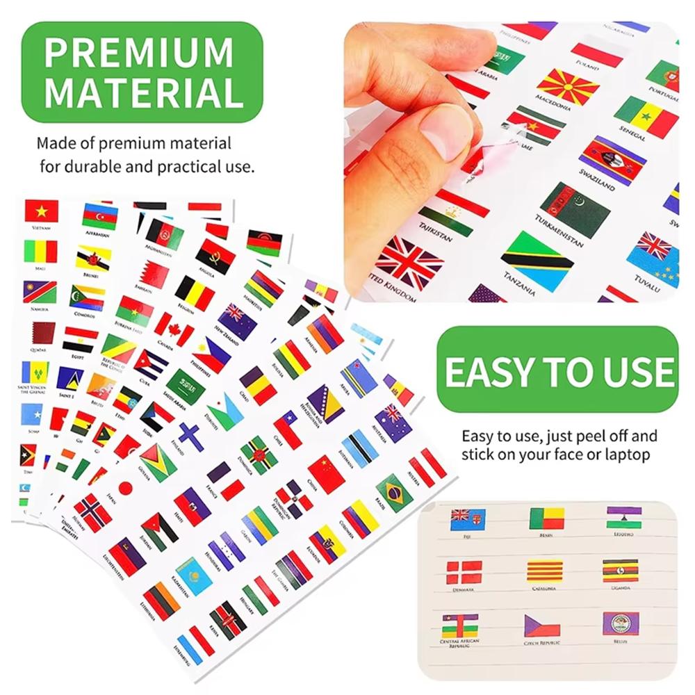 192 Countries World Flag Stickers Self-Adhesive World Country Travel Labels Face Stickers For Journal Party 6 Sheets