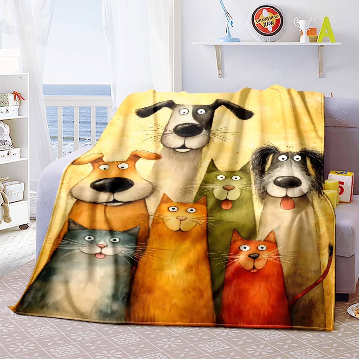 

Cute Cat & Dog Watercolor Flannel Blanket, Kids Cartoon Soft Throw for Bed Sofa 80cm x 120cm