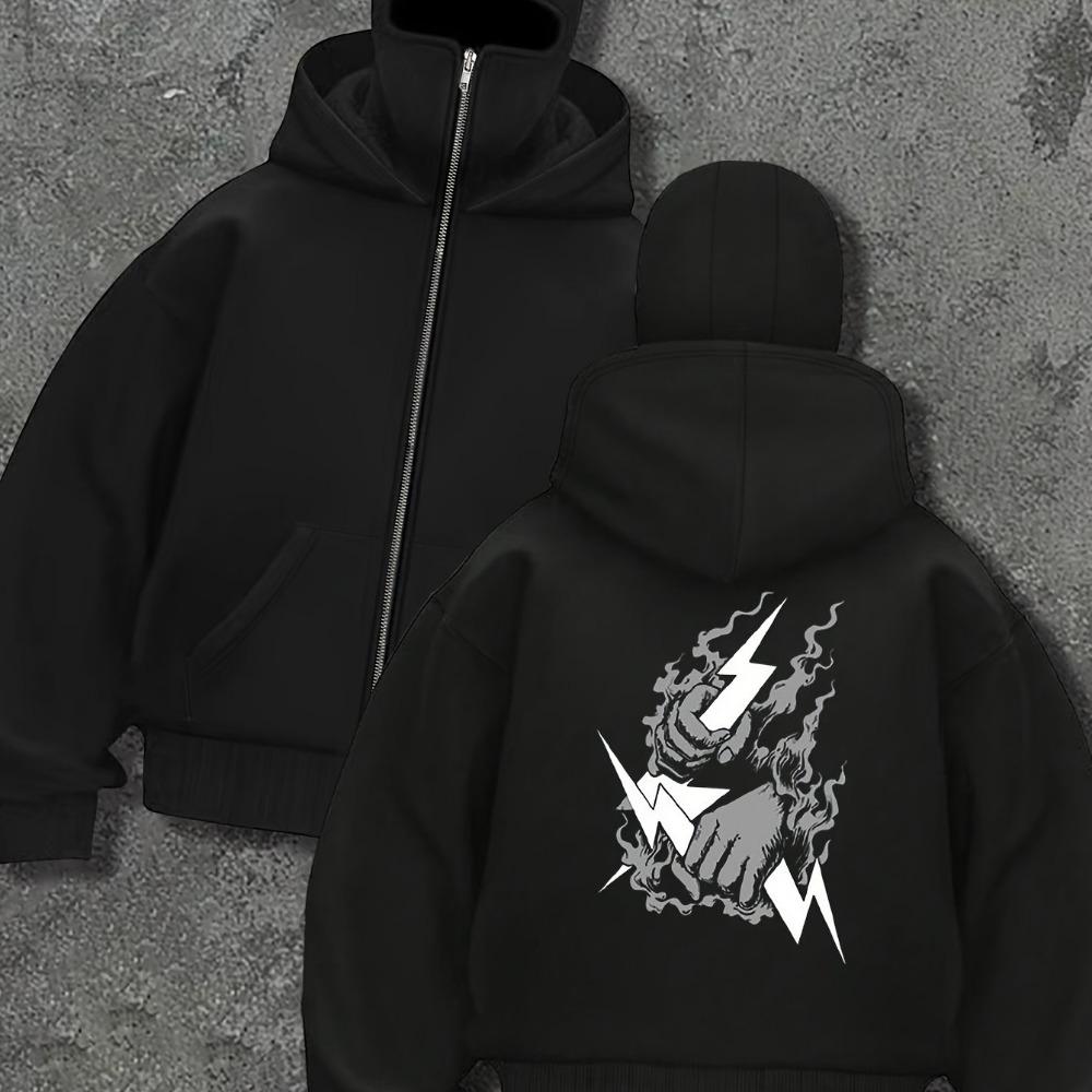 Men's Fashion Pattern Printed Double Layer Hoodie - Black Zipper Casual Street Wear with Balaclava Design Unique
