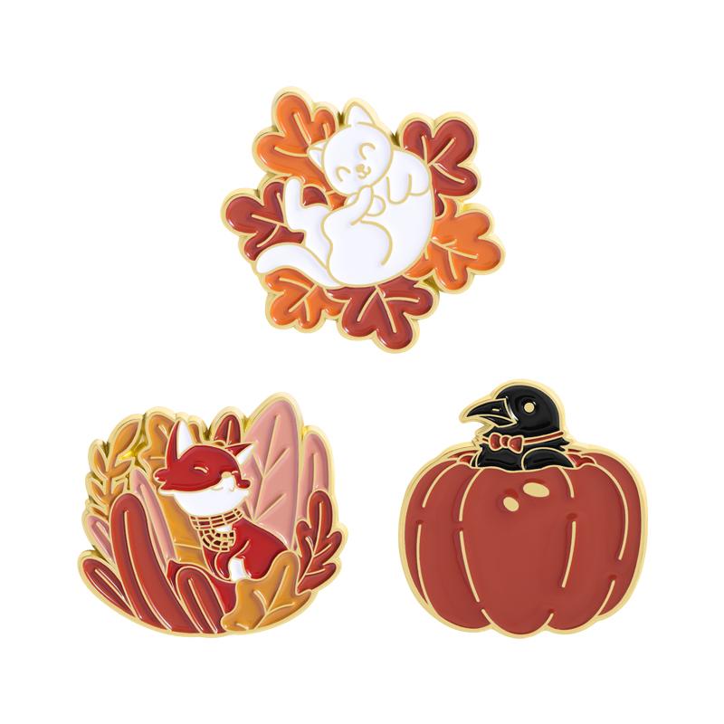 Thanksgiving Tiere Emaille Anstecknadeln Herbst Katze Fuchs Krähe Anstecknadeln Reversabzeichen Cartoon Blätter Schmuck Geschenk für Kinder Freunde