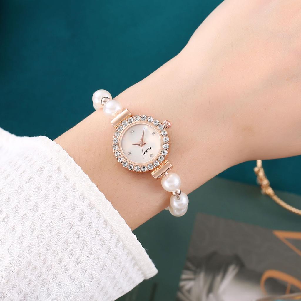 Ladies' white bead bracelet, compact and exquisite with diamond inlaid case, simple rhinestone dial, fashionable quartz watch