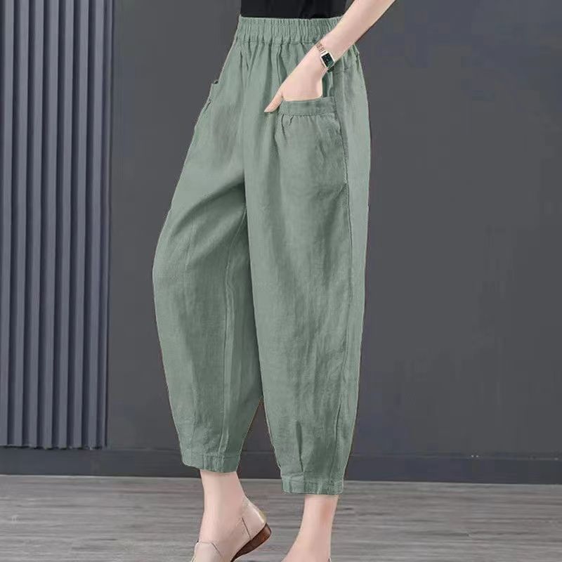 

Летние повседневные хлопковые льняные брюки, женские свободные шаровары с карманами в стиле ретро, ​​женские однотонные брюки с эластичной резинкой на талии 3XL армия зеленый