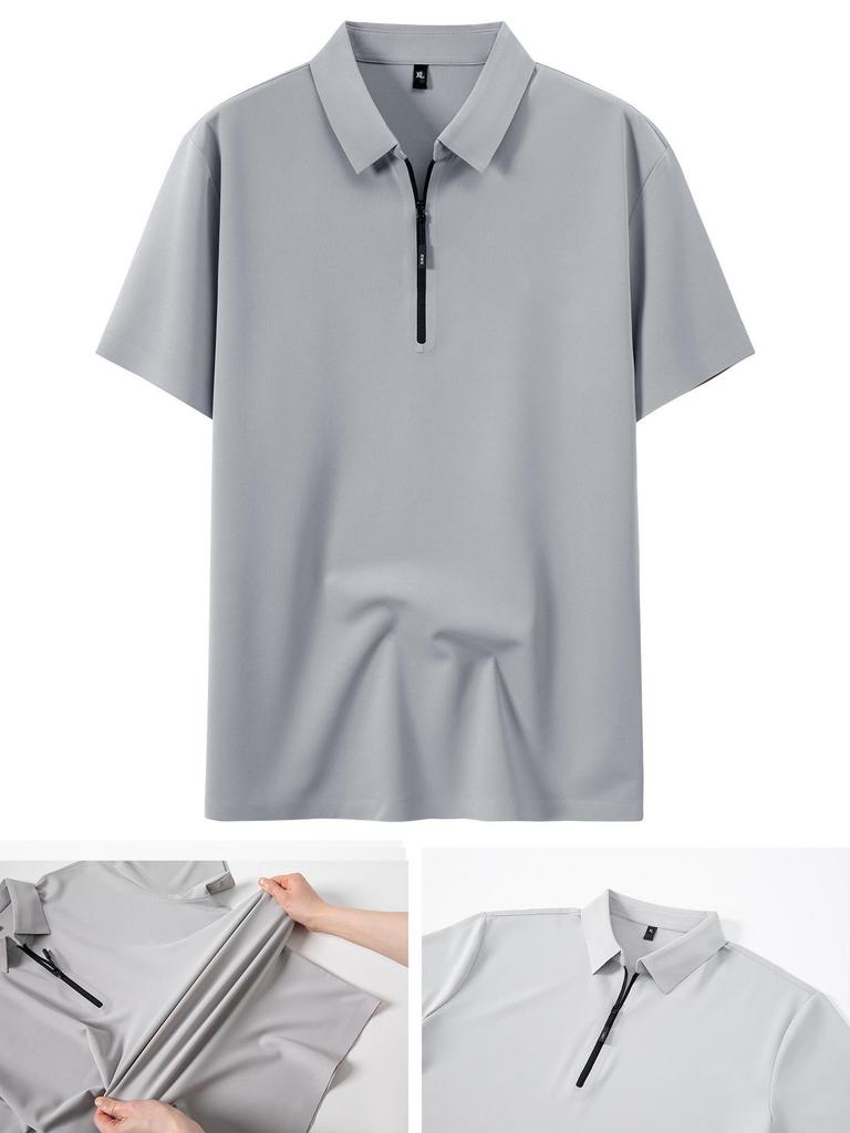 Men's Plus Size Summer Short Sleeve Zipper Polo - Casual, Breathable, High Elastic Pique Mesh Top