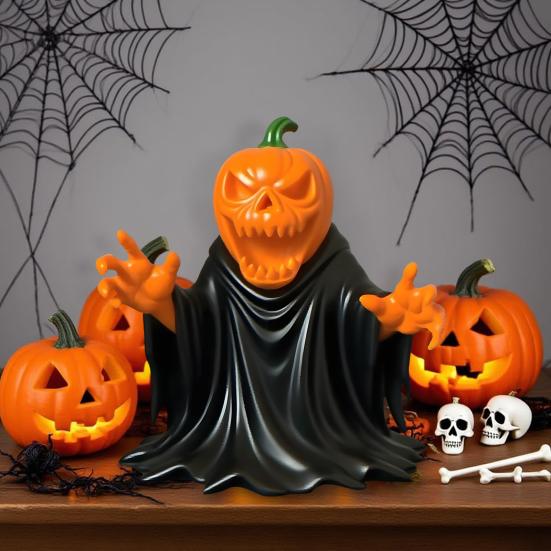 Pumpkin Ghost Figurine Spooky Cute Festive Halloween Statue Indoor Outdoor Haunted House Decoration for Tabletop Garden