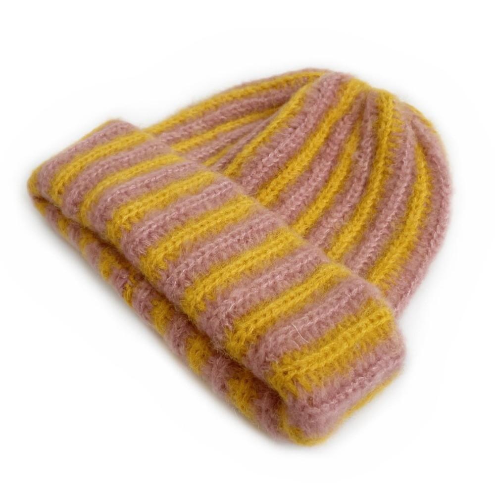 Color Blocked Ribbed Knit Cap Thick Warm Hat Brimless Striped Beanie Hat  Outdoor