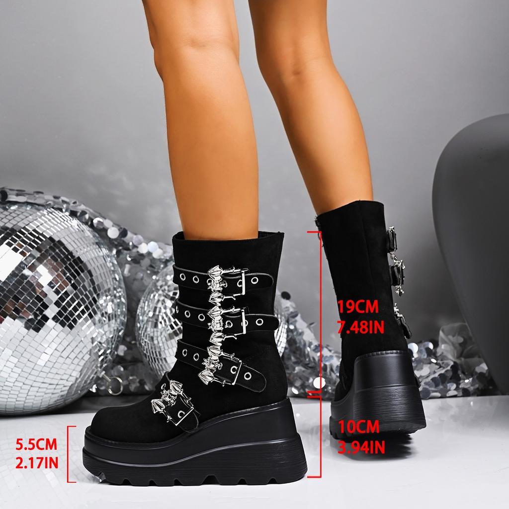 Independent Station Platform Women's Boots New Wedge Heel Demonia Bat Belt Buckle Short Martin Boots Women