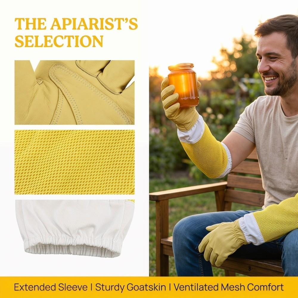 1 Pair Mesh Sleeve Beekeeping Protective Gloves Leather Palm Yellow Beekeepers Gloves Beekeeping Protection