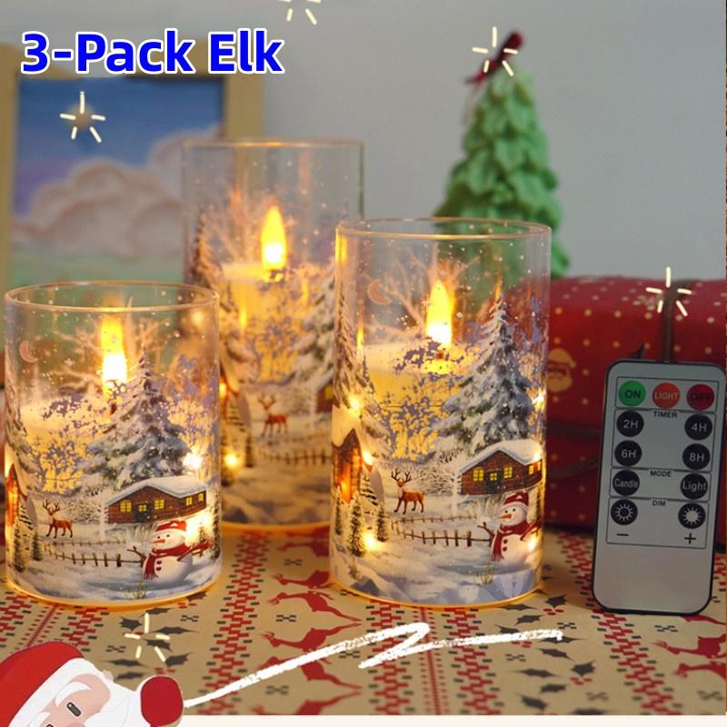 3-Pack LED Candles w Remote Control Flameless Snowman Sleigh Car Elk Christmas Tree Sticker LED Candle For Christmas Decoration