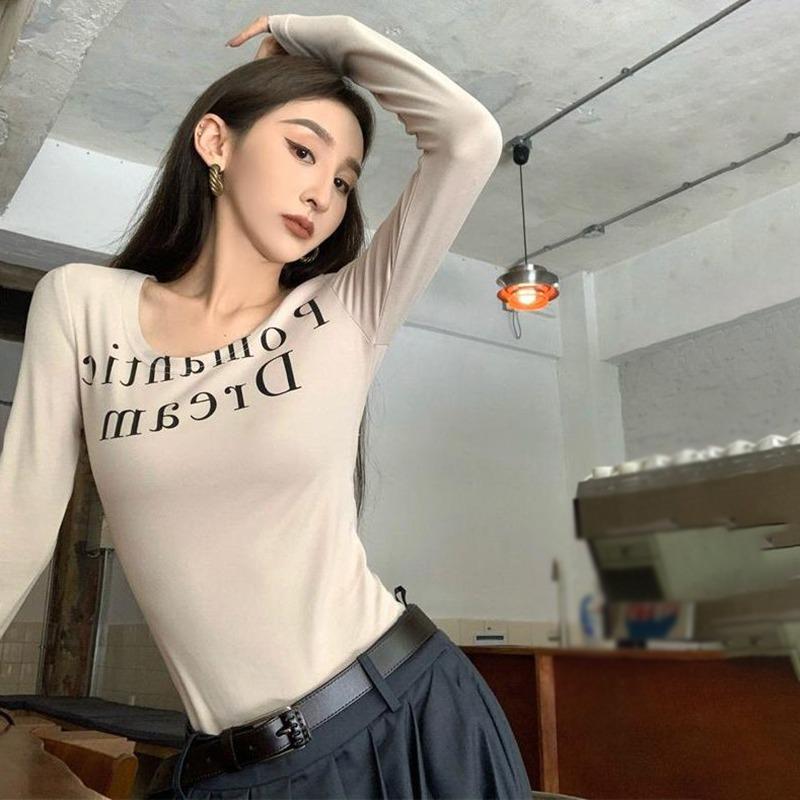 

Women s T Shirt Letter Print Slim Casual Long Sleeves Retro L