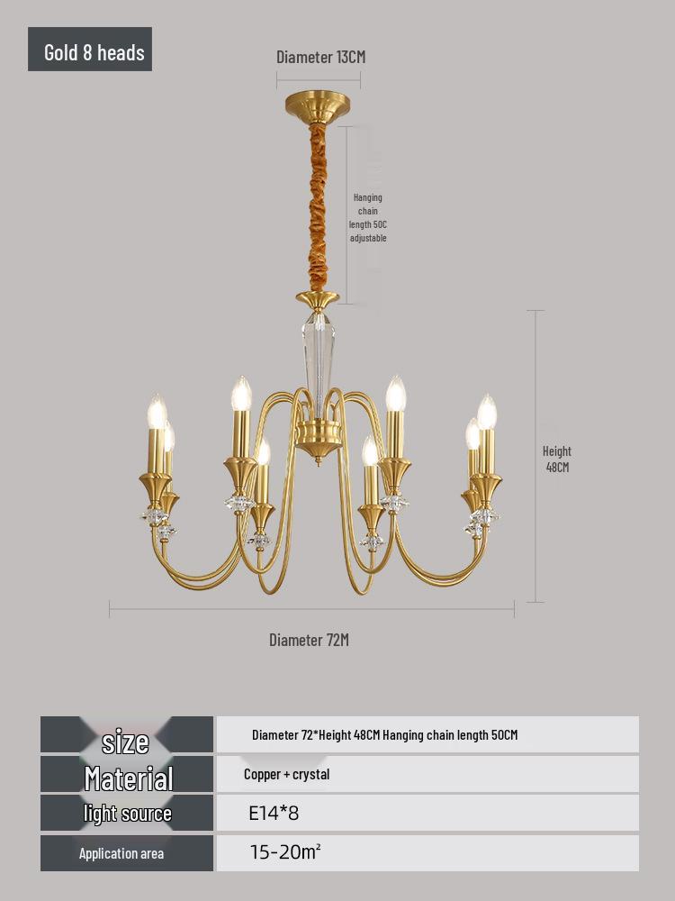 Luxury All-Copper French Chandelier: Retro Candle Pendant for Living Room, Dining Room, or Master Bedroom