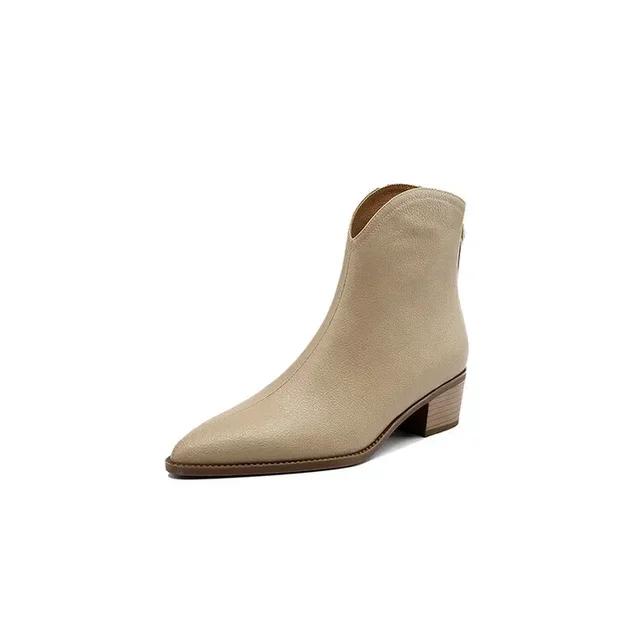 Spring and Autumn New Boots Women's Pointed Coarse Heel Short Boots Fashion Retro Soft Leather Zipper Fashion Short Boots