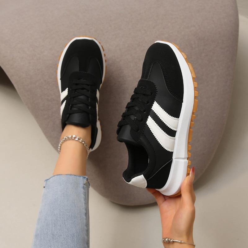 Women's Spring Round-Toe Lace-Up Color-Blocked Casual Sports Shoes, European Style, Available In Large Sizes.