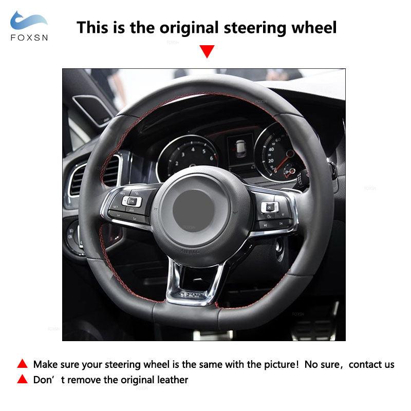 For VW Golf 7 GTI Golf R MK7 Passat B8 Polo Scirocco 2015 2016 Car Steering Wheel Cover Trim Black Leather blue line blue strip
