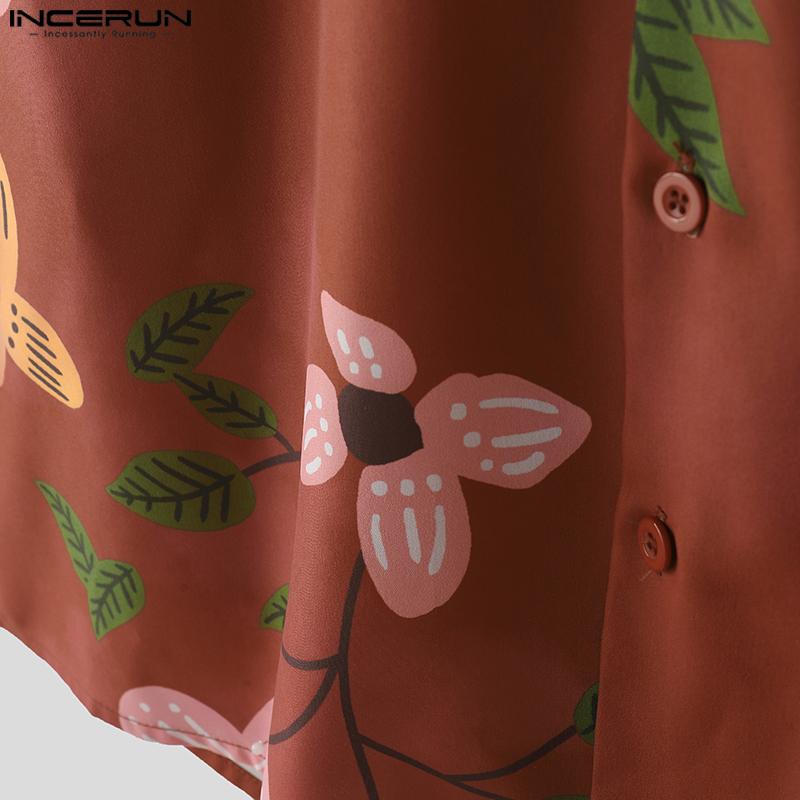 INCERUN Oversized Men Lapel Neck Short Sleeve Floral Print Casual Loose Shirts