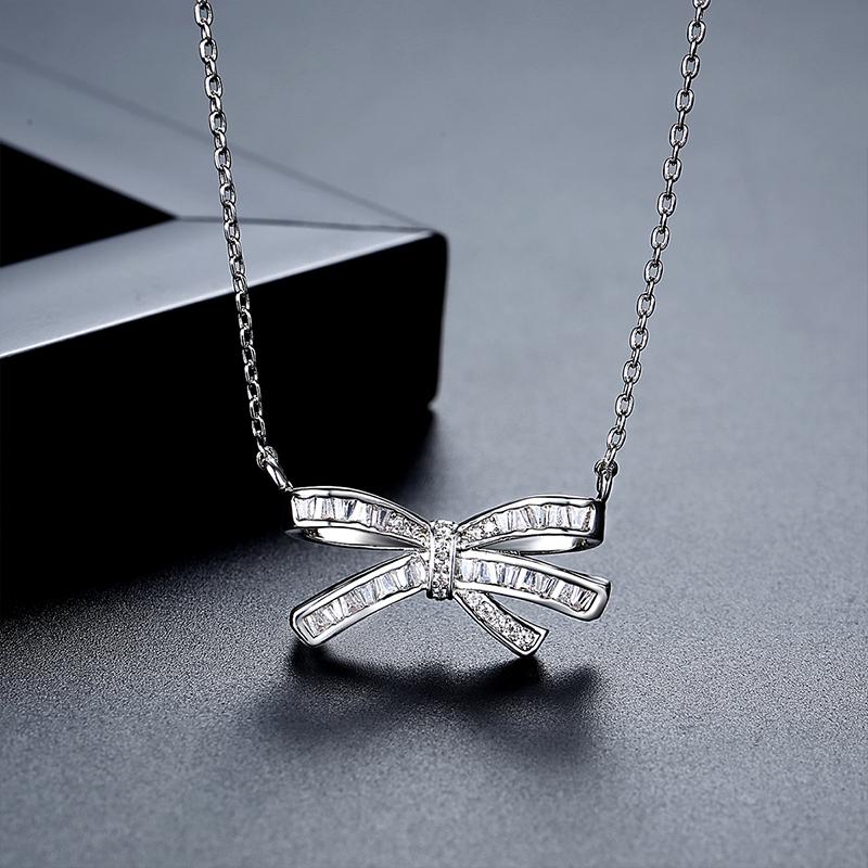 LUOTEEMI Trendy Korean Design Elegant Cubic Zirconia Bow Women Pendant Link Chain Necklace Daily Wear Fashion Jewellery 40cm+5cm